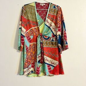 Colorful flowy tie-front blouse